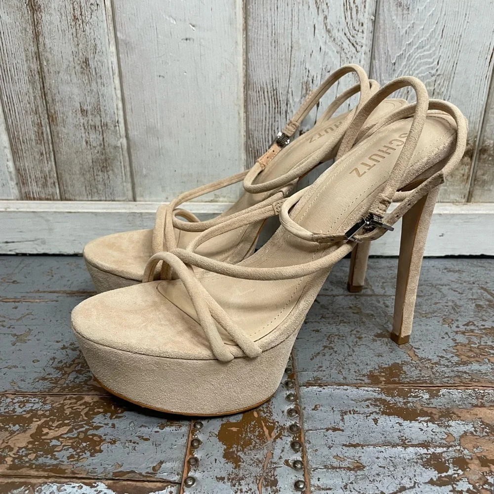 SCHUTZ Platform Nude Suede Strappy High Heels